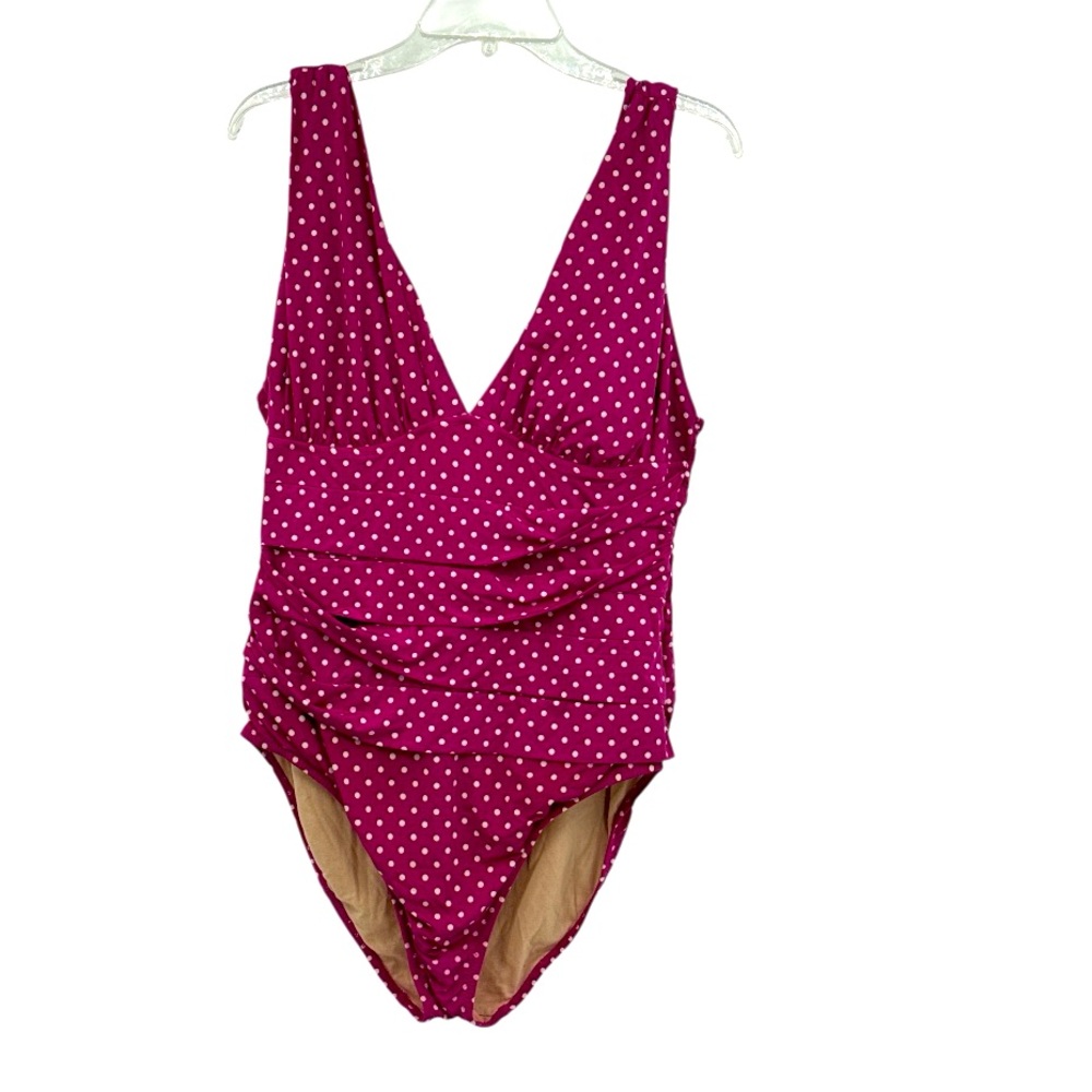 Garnet Hill Signature Surplice Ruched V-Neck Polka Dot Swimsuit Size 14